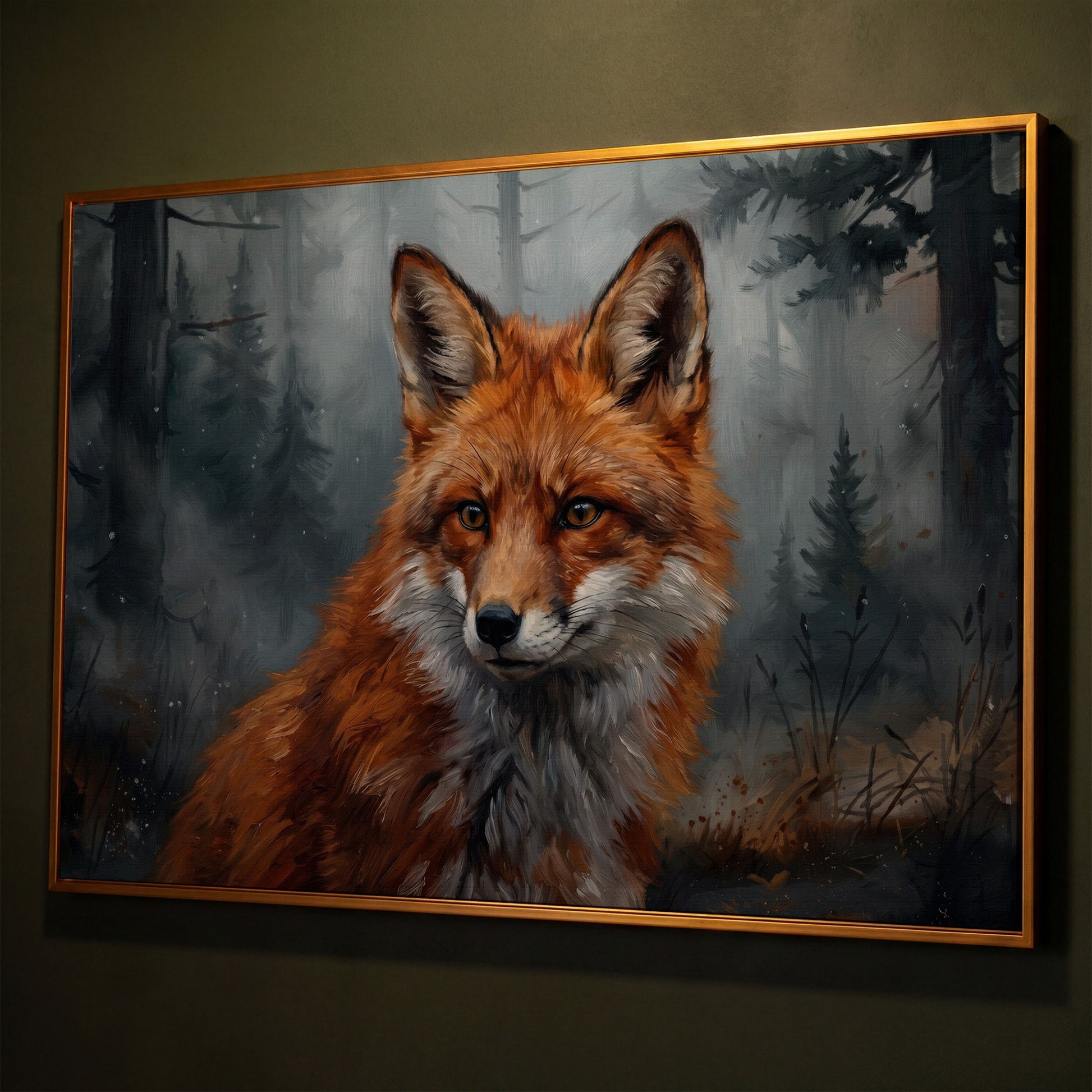 Red Fox Portrait Canvas Art, Blurred Forest Background shown in antique gold floating frame