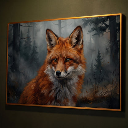 Red Fox Portrait Canvas Art, Blurred Forest Background shown in antique gold floating frame