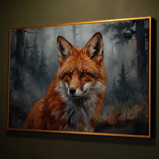 Red Fox Portrait Canvas Art, Blurred Forest Background shown in antique gold floating frame