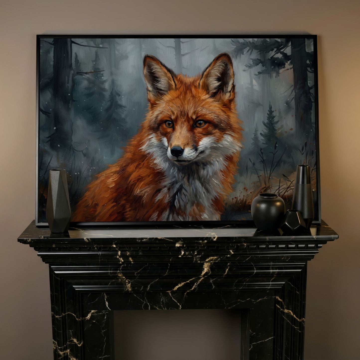 Red Fox Portrait Canvas Art, Blurred Forest Background in black floating frame