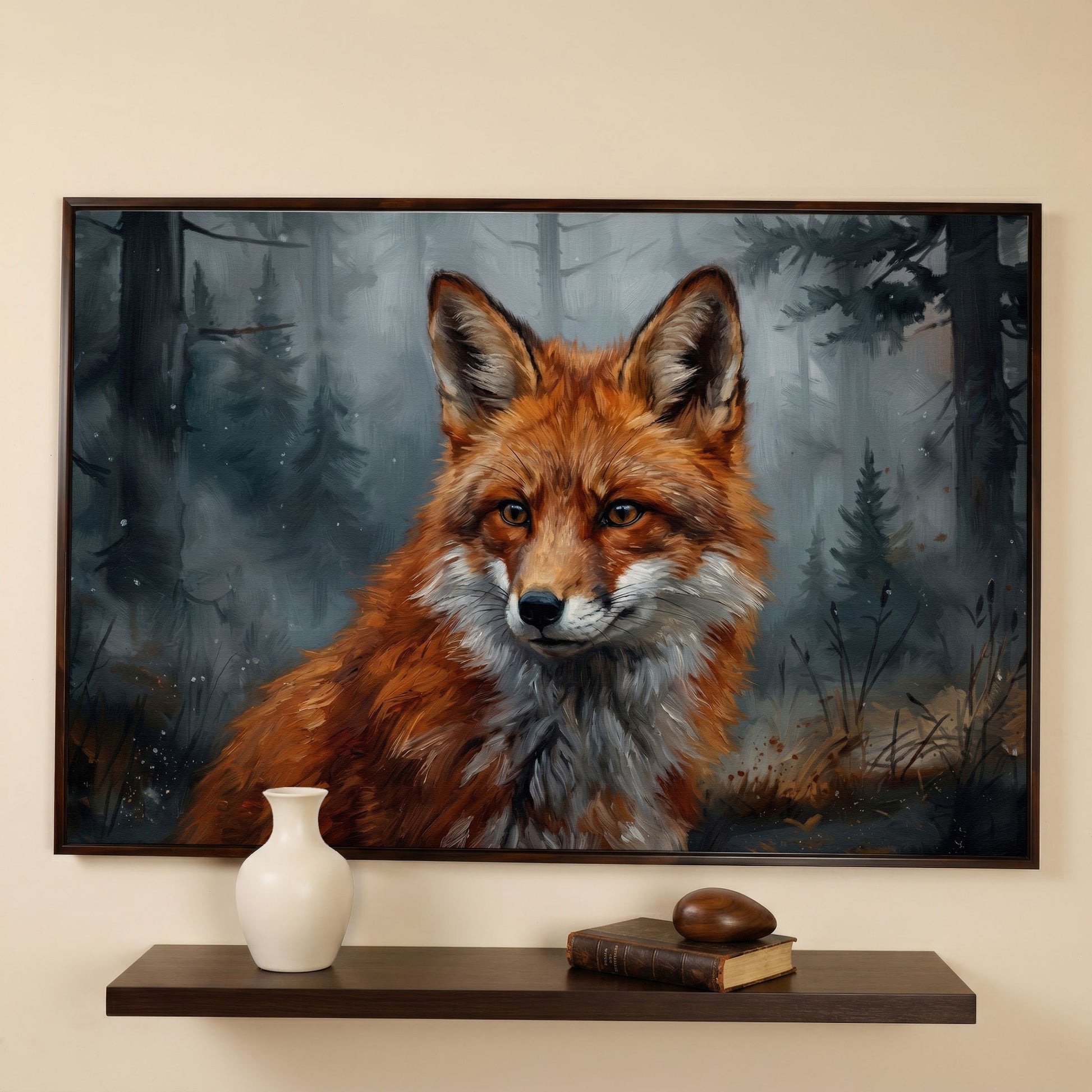 Red Fox Portrait Canvas Art, Blurred Forest Background in dark walnut floating frame