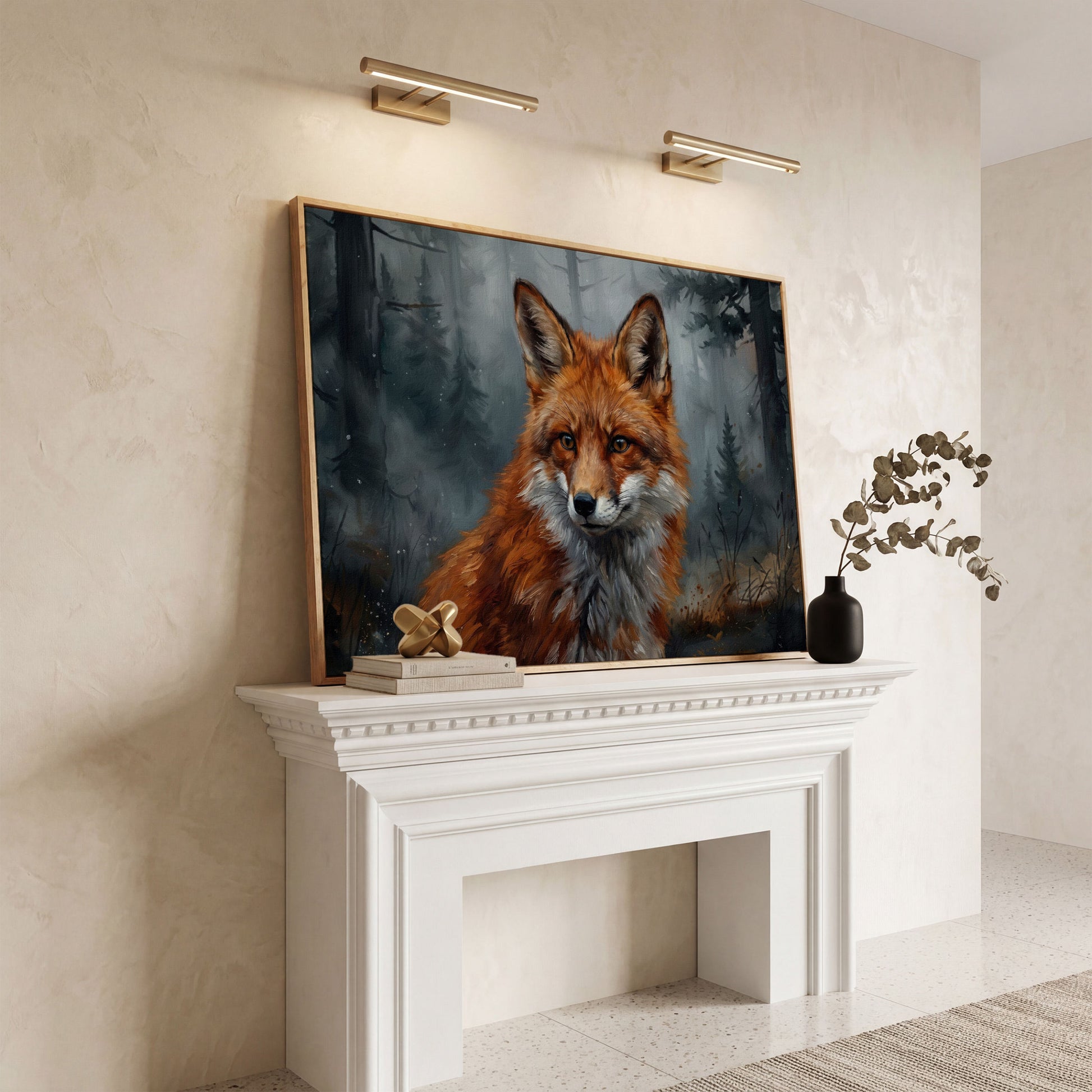 Red Fox Portrait Canvas Art, Blurred Forest Background in white oak floating frame