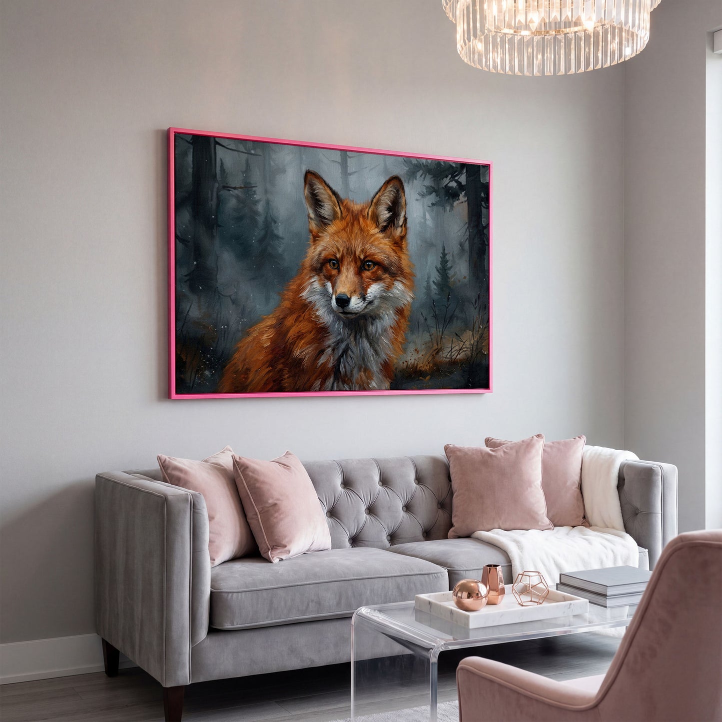 Red Fox Portrait Canvas Art, Blurred Forest Background in pink floating frame