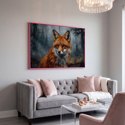 Red Fox Portrait Canvas Art, Blurred Forest Background in pink floating frame