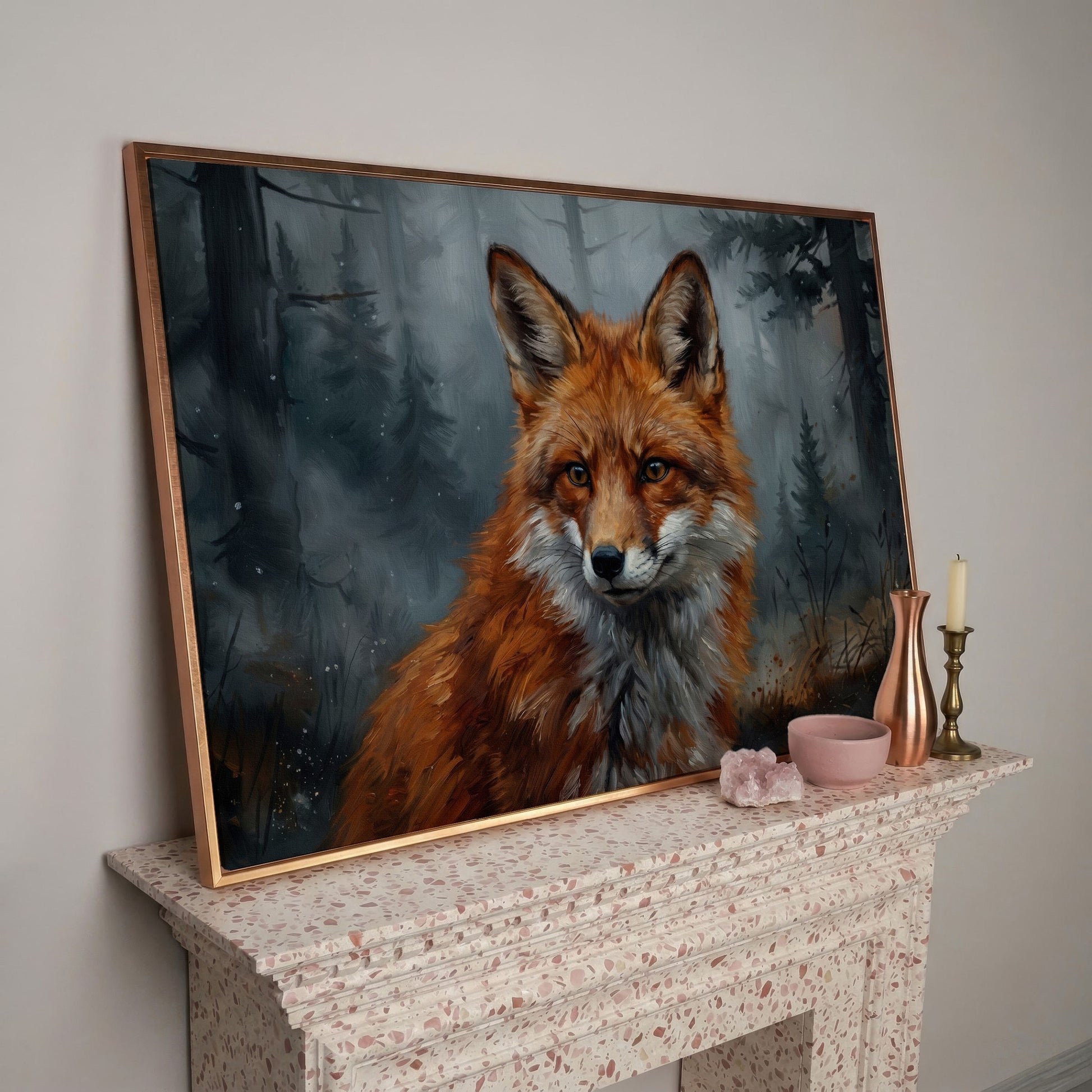 Red Fox Portrait Canvas Art, Blurred Forest Background in rose gold floating frame