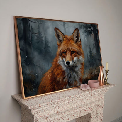 Red Fox Portrait Canvas Art, Blurred Forest Background in rose gold floating frame