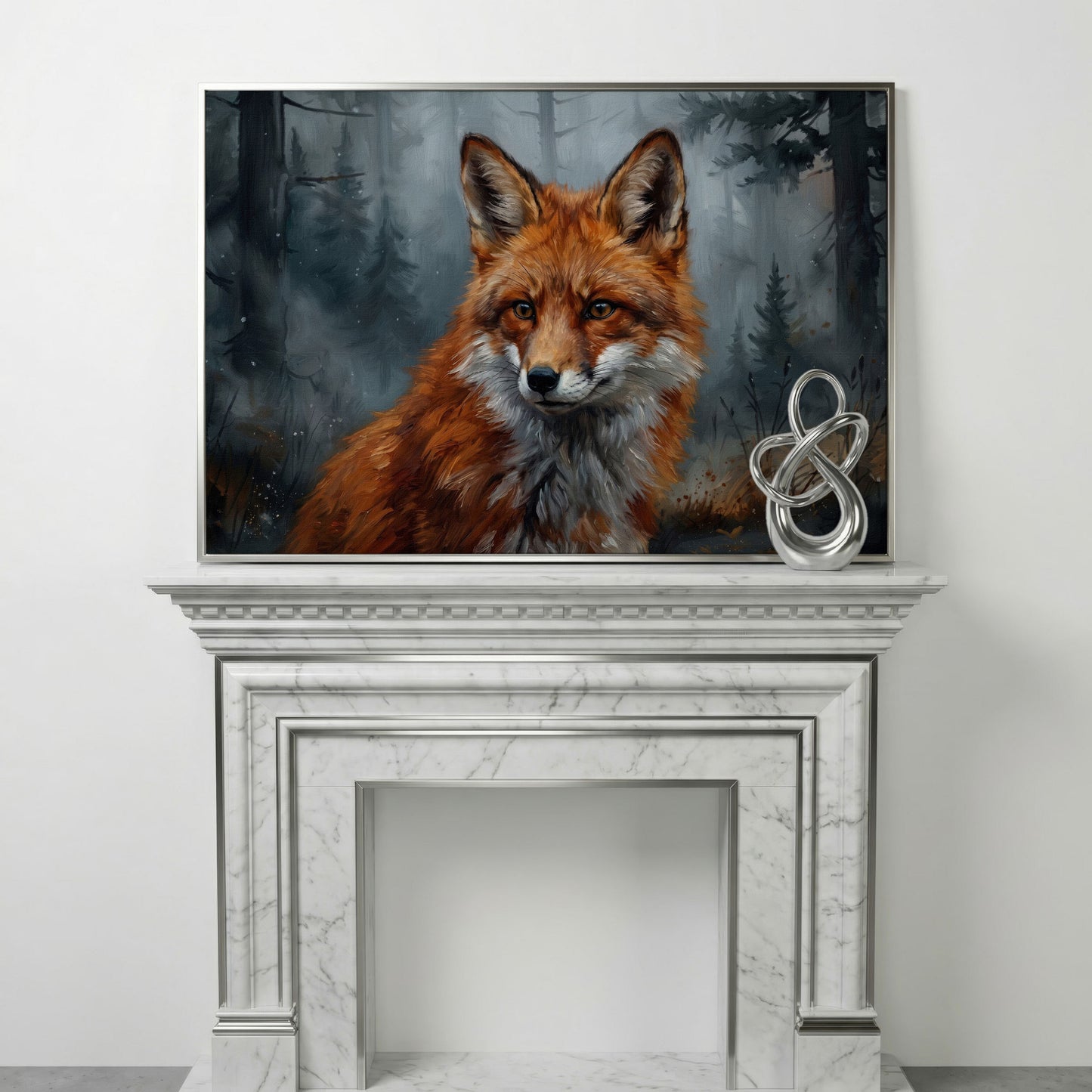Red Fox Portrait Canvas Art, Blurred Forest Background in silver floating frame