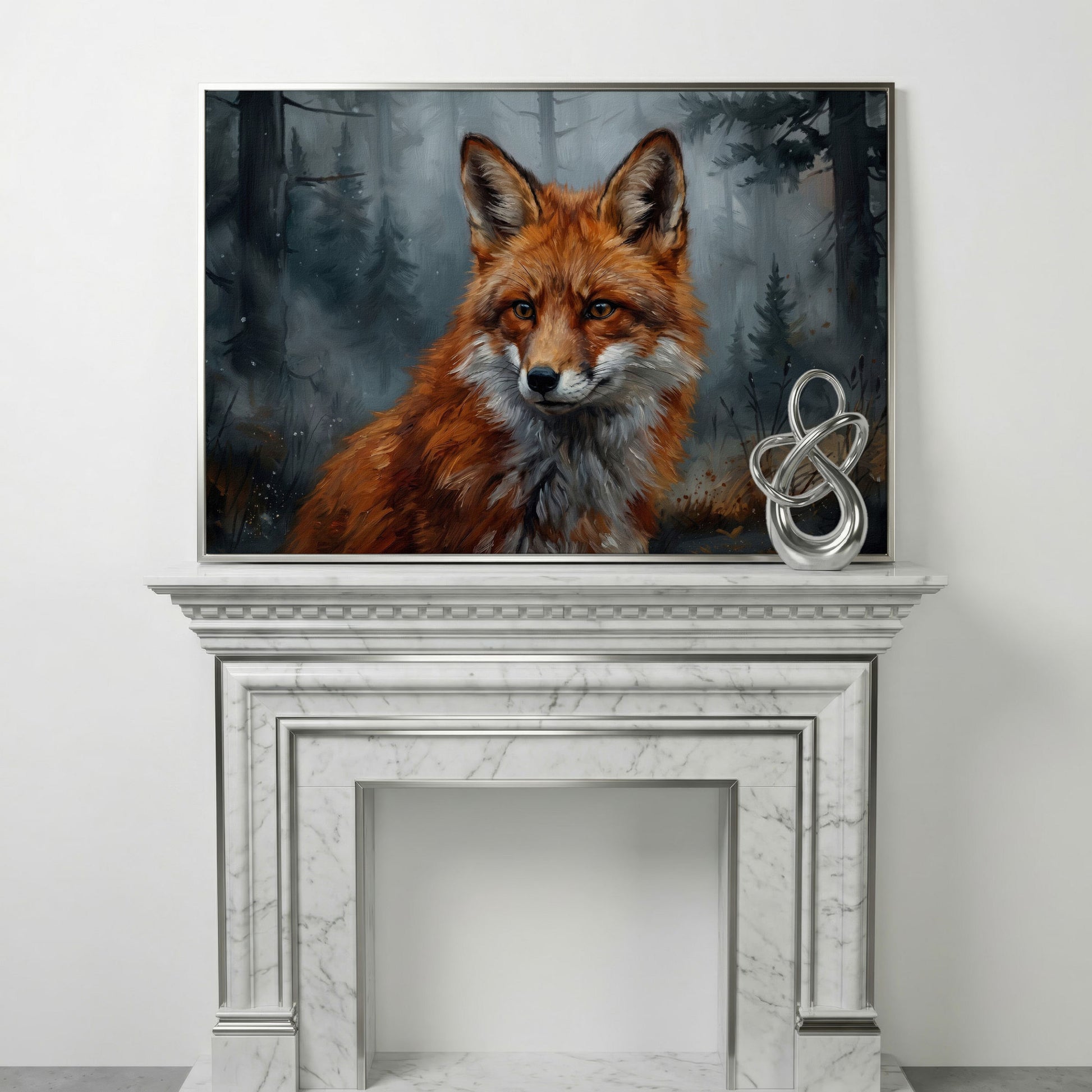 Red Fox Portrait Canvas Art, Blurred Forest Background in silver floating frame