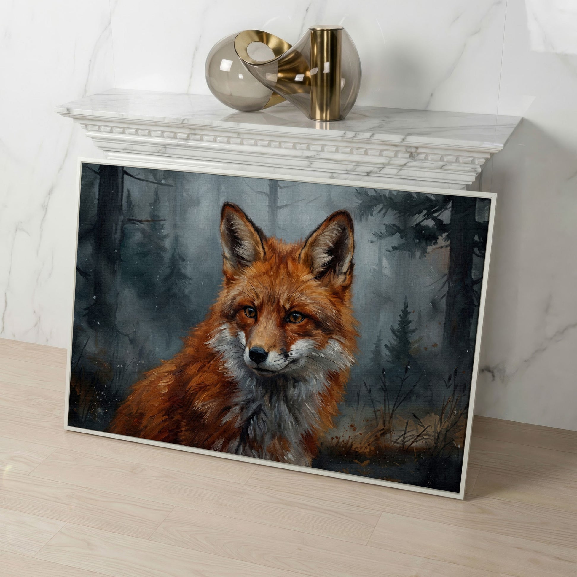 Red Fox Portrait Canvas Art, Blurred Forest Background in white floating frame