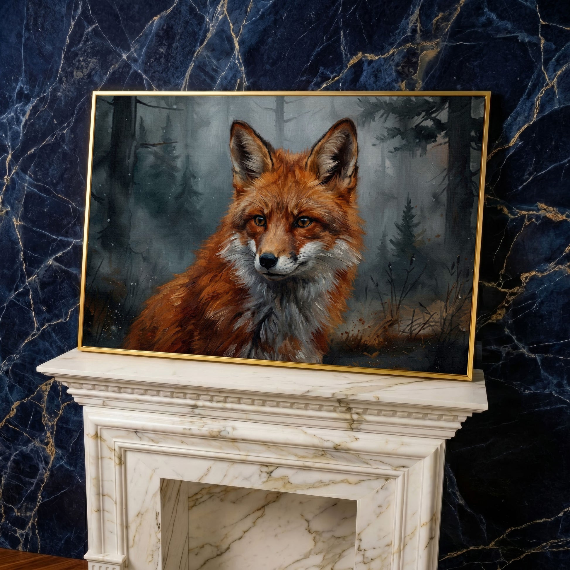Red Fox Portrait Canvas Art, Blurred Forest Background in yellow gold floating frame
