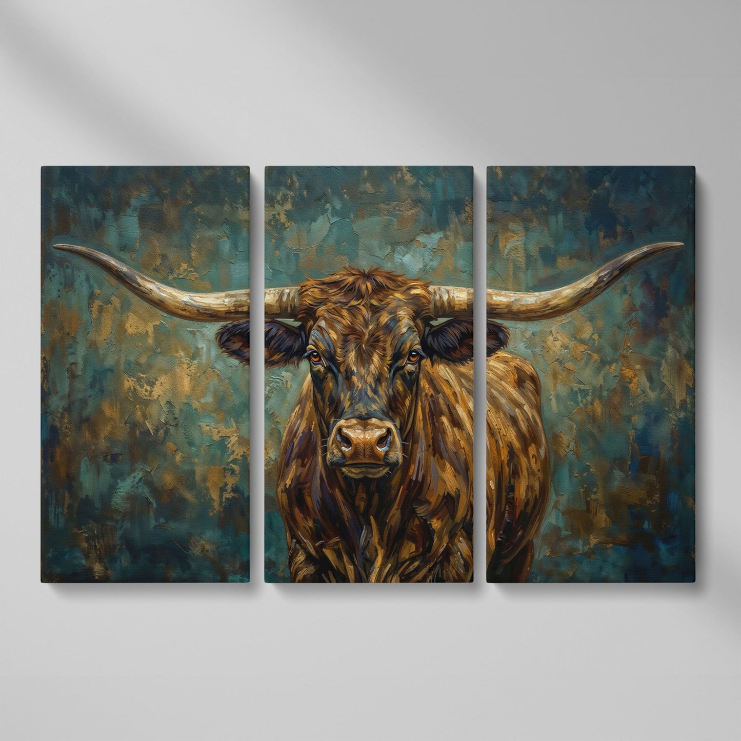 Longhorn Bull Portrait Canvas Wall Art, Close-Up Horn Study as 3-panel split version