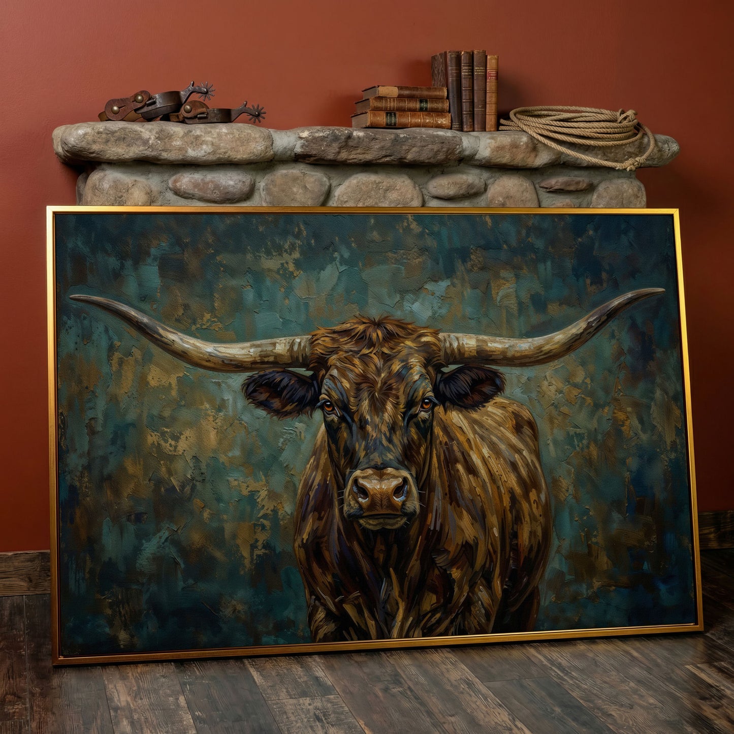 Longhorn Bull Portrait Canvas Wall Art, Close-Up Horn Study in antique gold floating frame