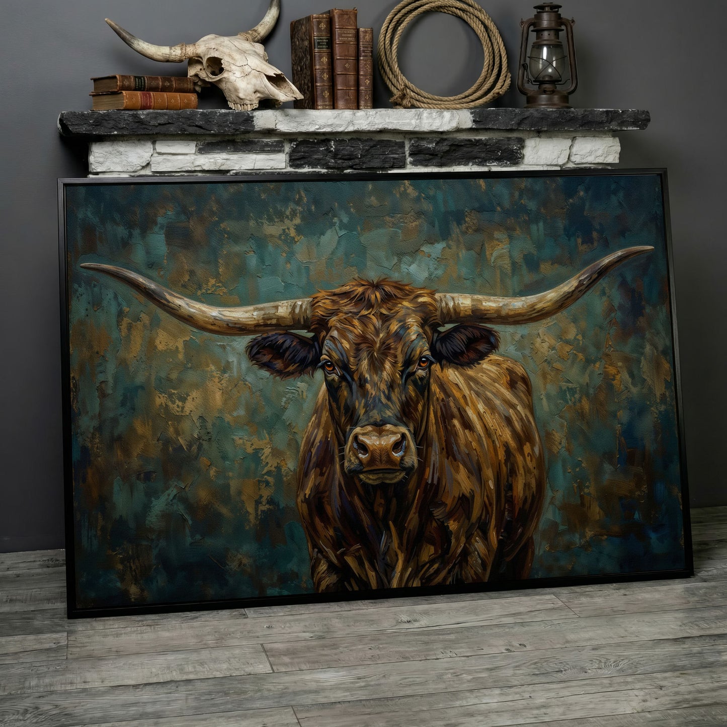 Longhorn Bull Portrait Canvas Wall Art, Close-Up Horn Study in black floating frame