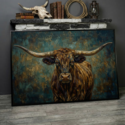 Longhorn Bull Portrait Canvas Wall Art, Close-Up Horn Study in black floating frame