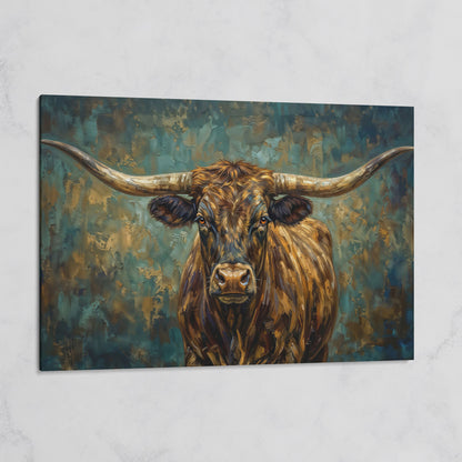Longhorn Bull Portrait Canvas Wall Art, Close-Up Horn Study on gallery wrap