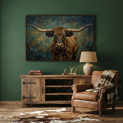 Longhorn Bull Portrait Canvas Wall Art, Close-Up Horn Study in dark walnut floating frame