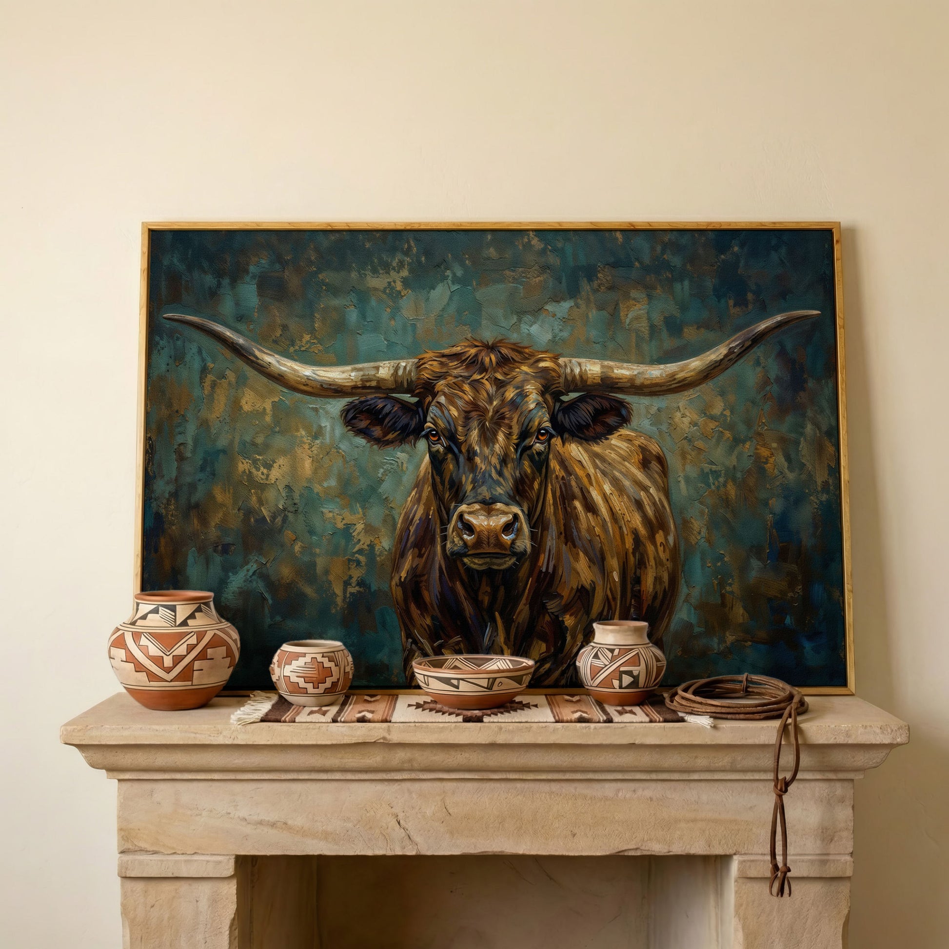 Longhorn Bull Portrait Canvas Wall Art, Close-Up Horn Study in white oak floating frame