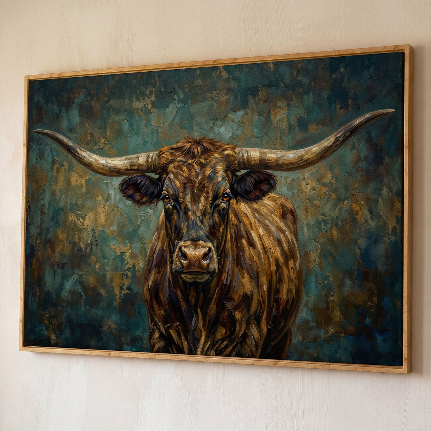 Longhorn Bull Portrait Canvas Wall Art, Close-Up Horn Study shown in white oak floating frame
