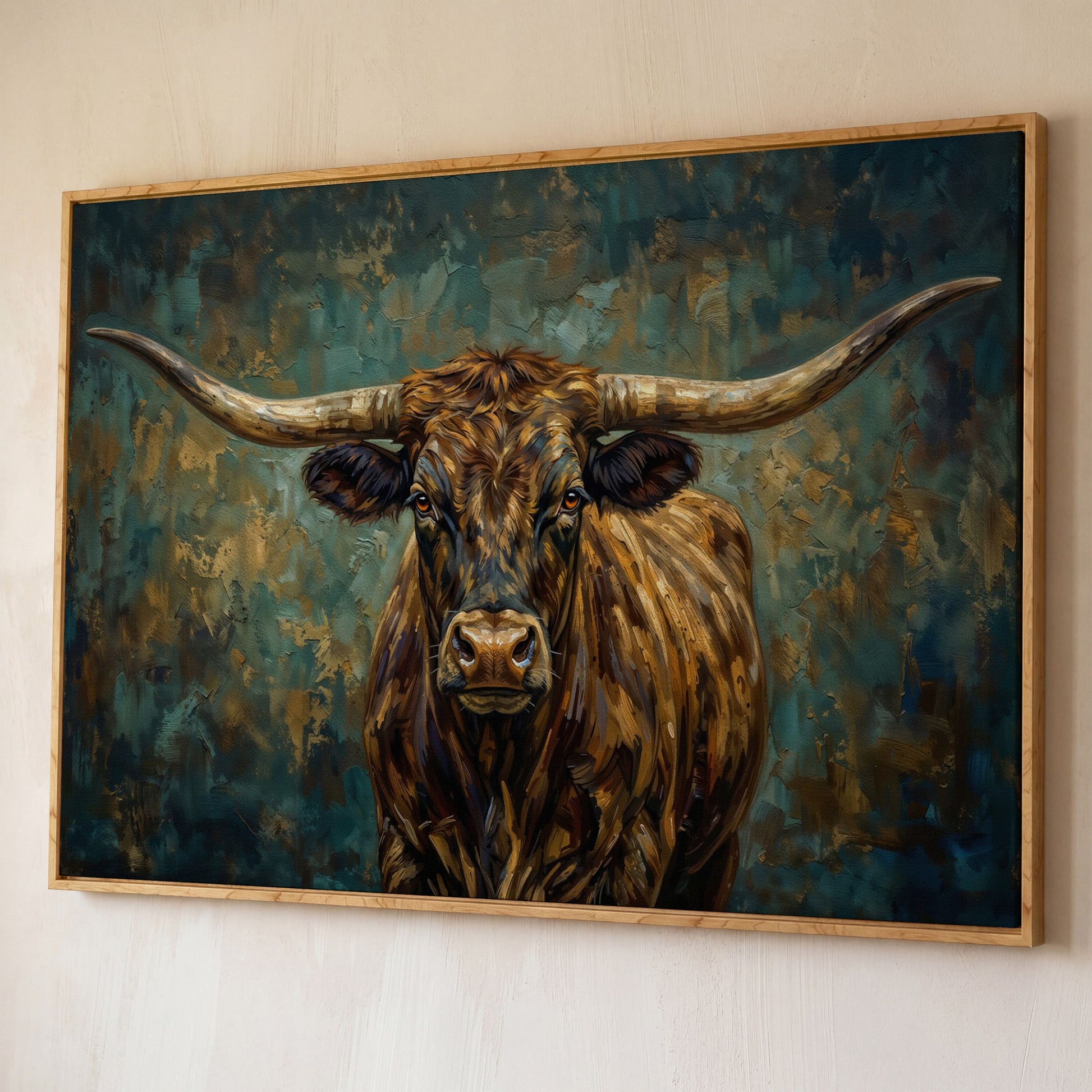 Longhorn Bull Portrait Canvas Wall Art, Close-Up Horn Study shown in white oak floating frame
