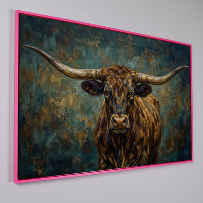Longhorn Bull Portrait Canvas Wall Art, Close-Up Horn Study in pink floating frame