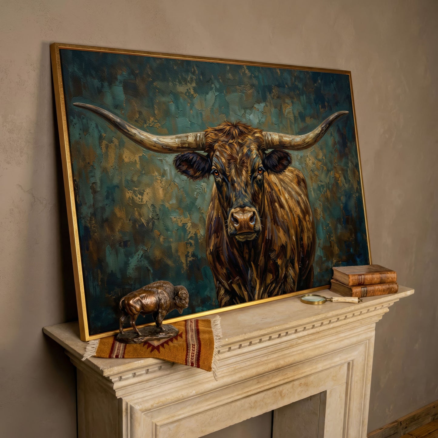 Longhorn Bull Portrait Canvas Wall Art, Close-Up Horn Study in rose gold floating frame