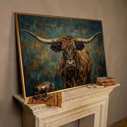 Longhorn Bull Portrait Canvas Wall Art, Close-Up Horn Study in rose gold floating frame