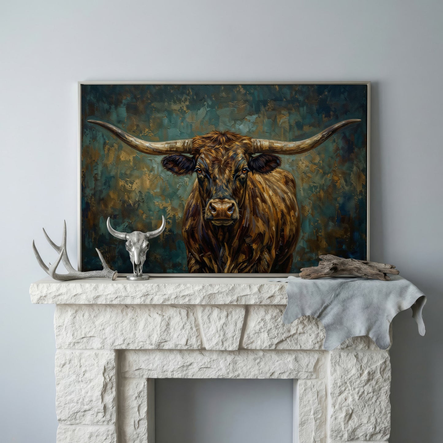 Longhorn Bull Portrait Canvas Wall Art, Close-Up Horn Study in silver floating frame
