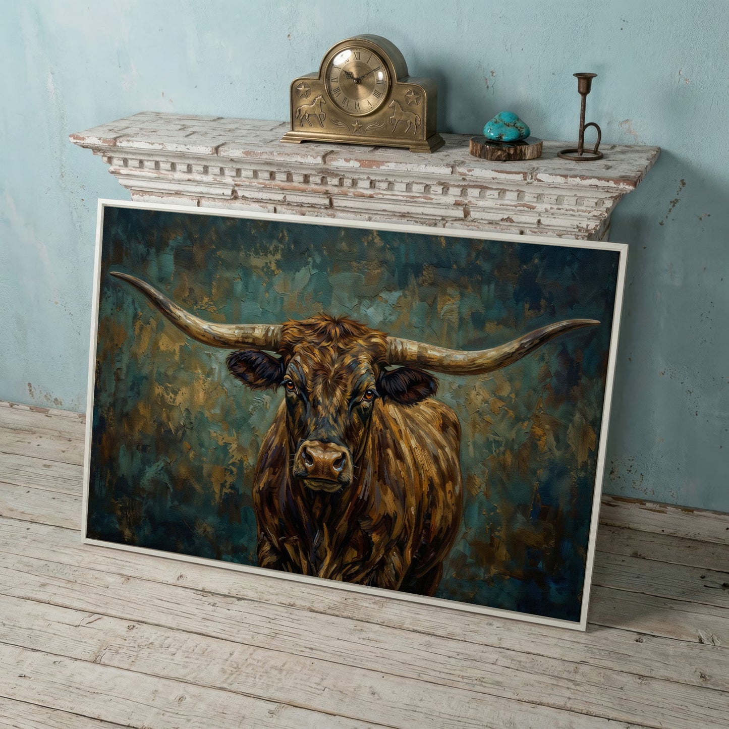 Longhorn Bull Portrait Canvas Wall Art, Close-Up Horn Study in white floating frame