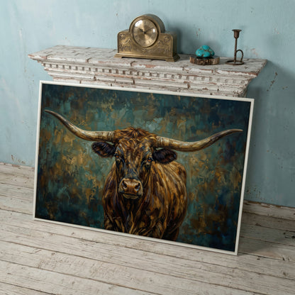 Longhorn Bull Portrait Canvas Wall Art, Close-Up Horn Study in white floating frame