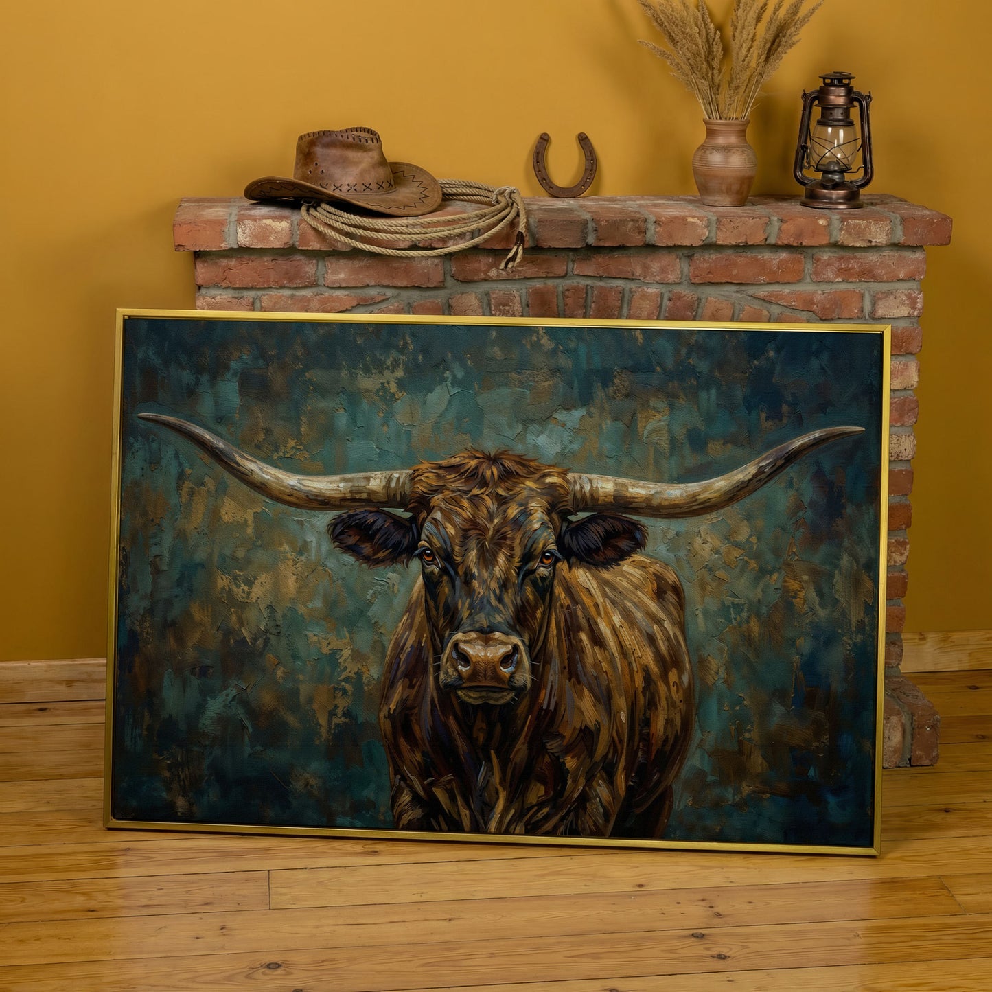 Longhorn Bull Portrait Canvas Wall Art, Close-Up Horn Study in yellow gold floating frame