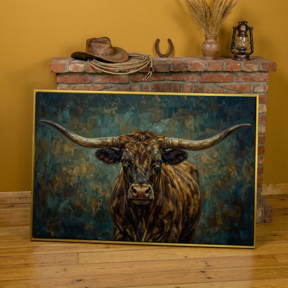 Longhorn Bull Portrait Canvas Wall Art, Close-Up Horn Study in yellow gold floating frame