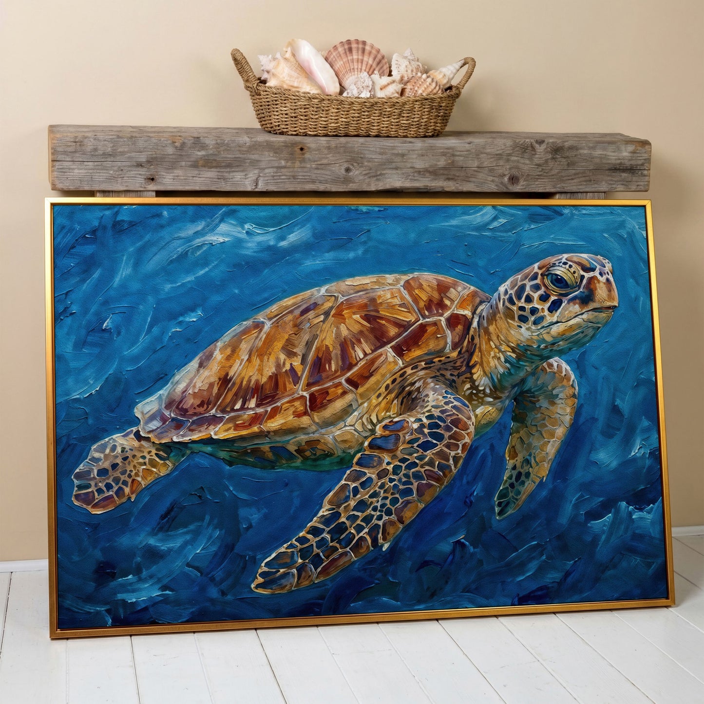 Sea Turtle Canvas Wall Art, Landscape, up to 94 Inches Wide in antique gold floating frame