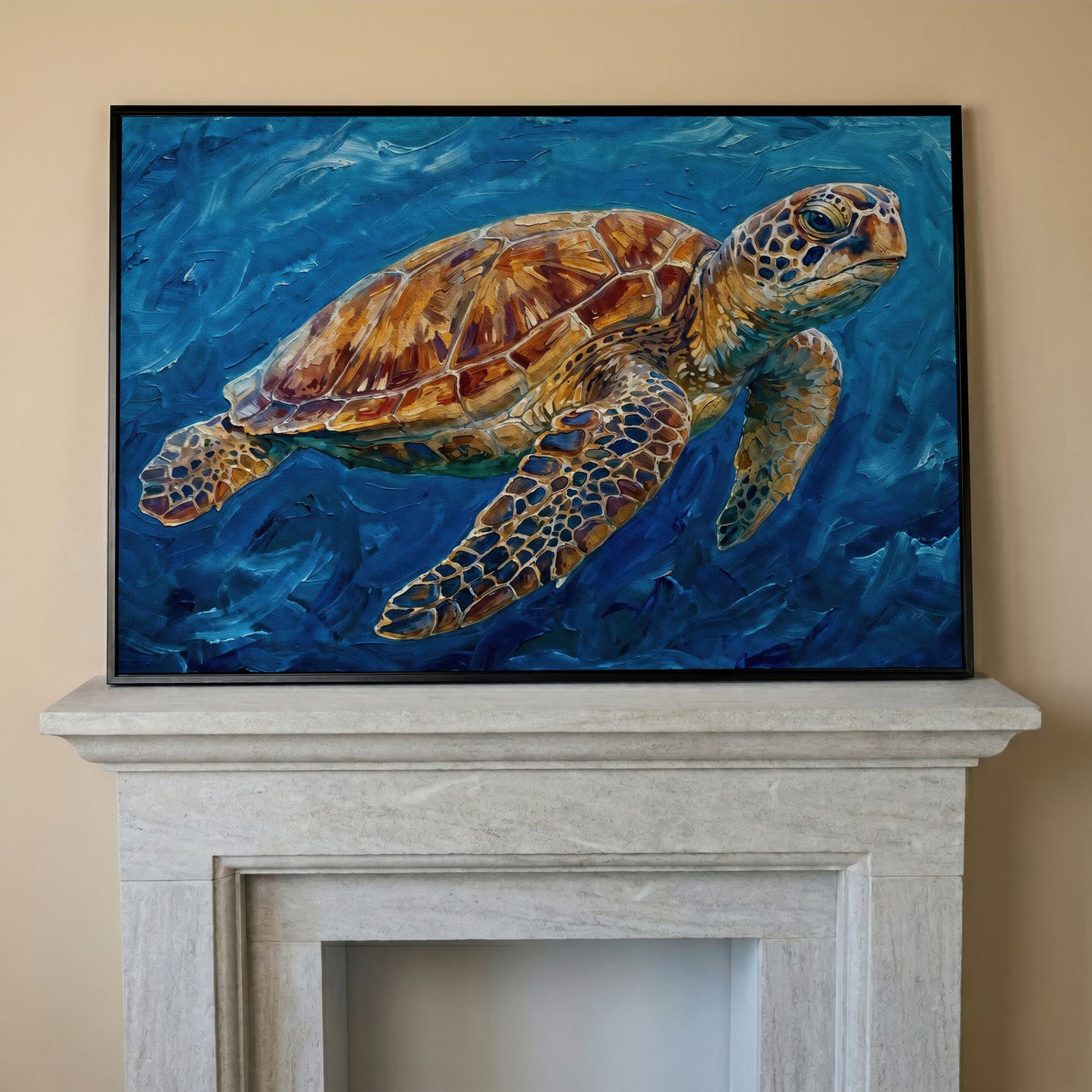 Sea Turtle Canvas Wall Art, Landscape, up to 94 Inches Wide in black floating frame