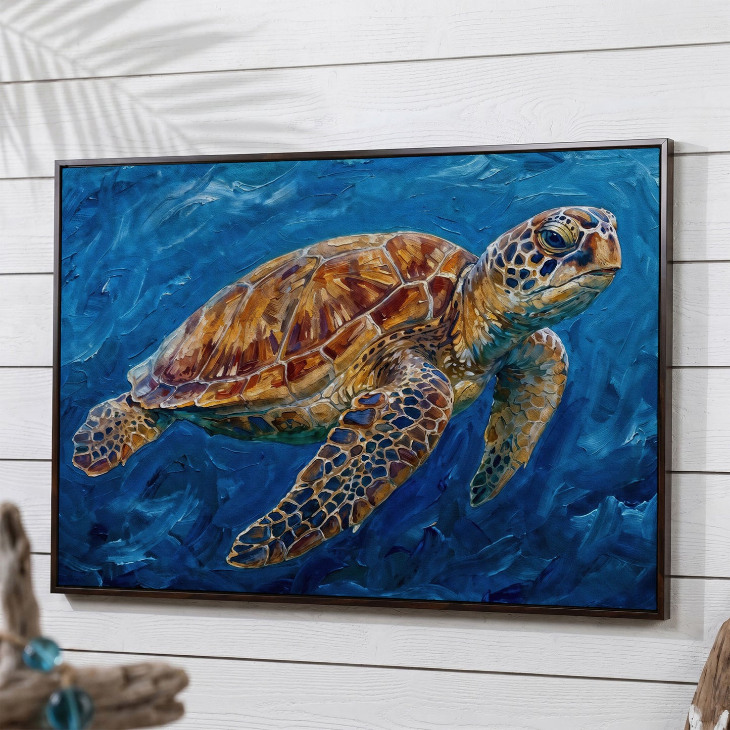 Sea Turtle Canvas Wall Art, Landscape, up to 94 Inches Wide in dark walnut floating frame