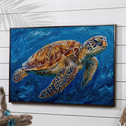 Sea Turtle Canvas Wall Art, Landscape, up to 94 Inches Wide in dark walnut floating frame