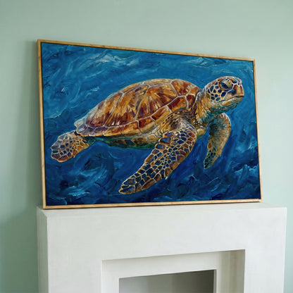 Sea Turtle Canvas Wall Art, Landscape, up to 94 Inches Wide in white oak floating frame