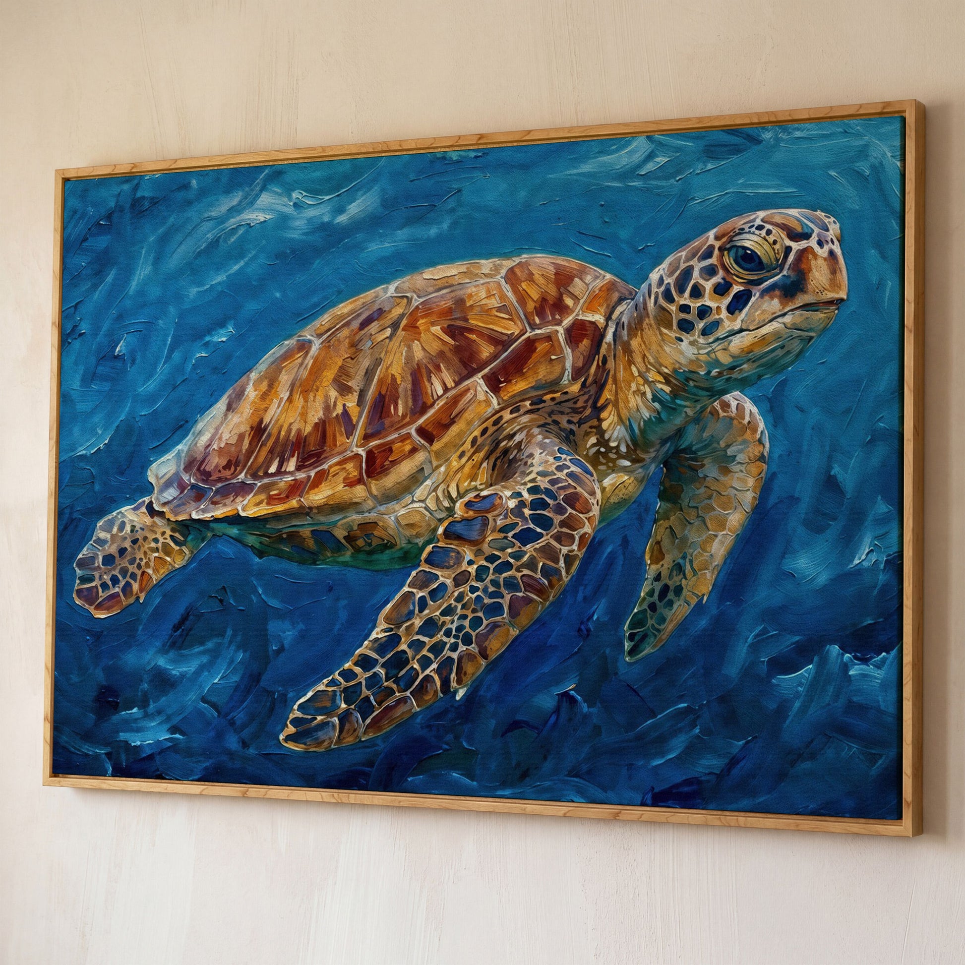 Sea Turtle Canvas Wall Art, Landscape, up to 94 Inches Wide shown in white oak floating frame