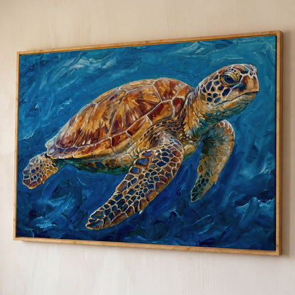 Sea Turtle Canvas Wall Art, Landscape, up to 94 Inches Wide shown in white oak floating frame