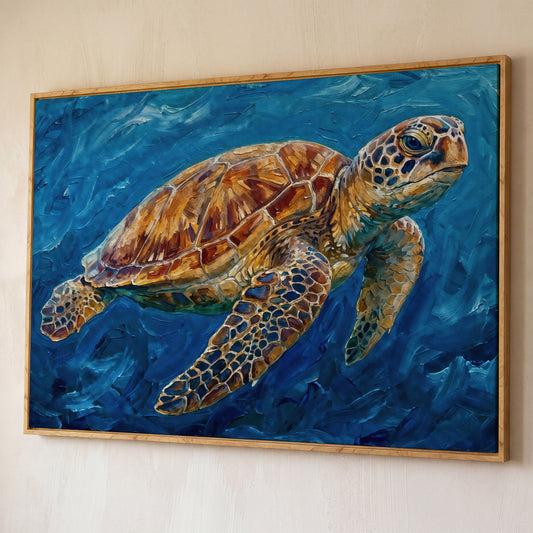 Sea Turtle Canvas Wall Art, Landscape, up to 94 Inches Wide shown in white oak floating frame