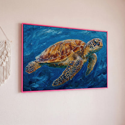 Sea Turtle Canvas Wall Art, Landscape, up to 94 Inches Wide in pink floating frame