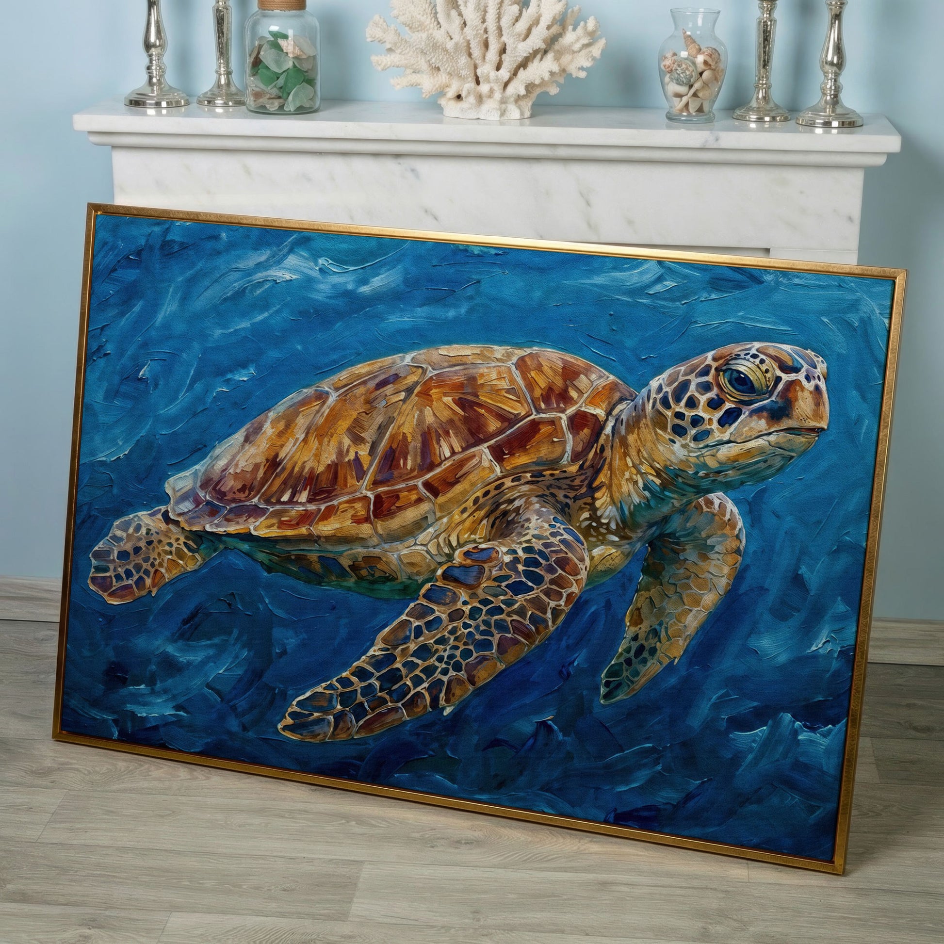 Sea Turtle Canvas Wall Art, Landscape, up to 94 Inches Wide in rose gold floating frame