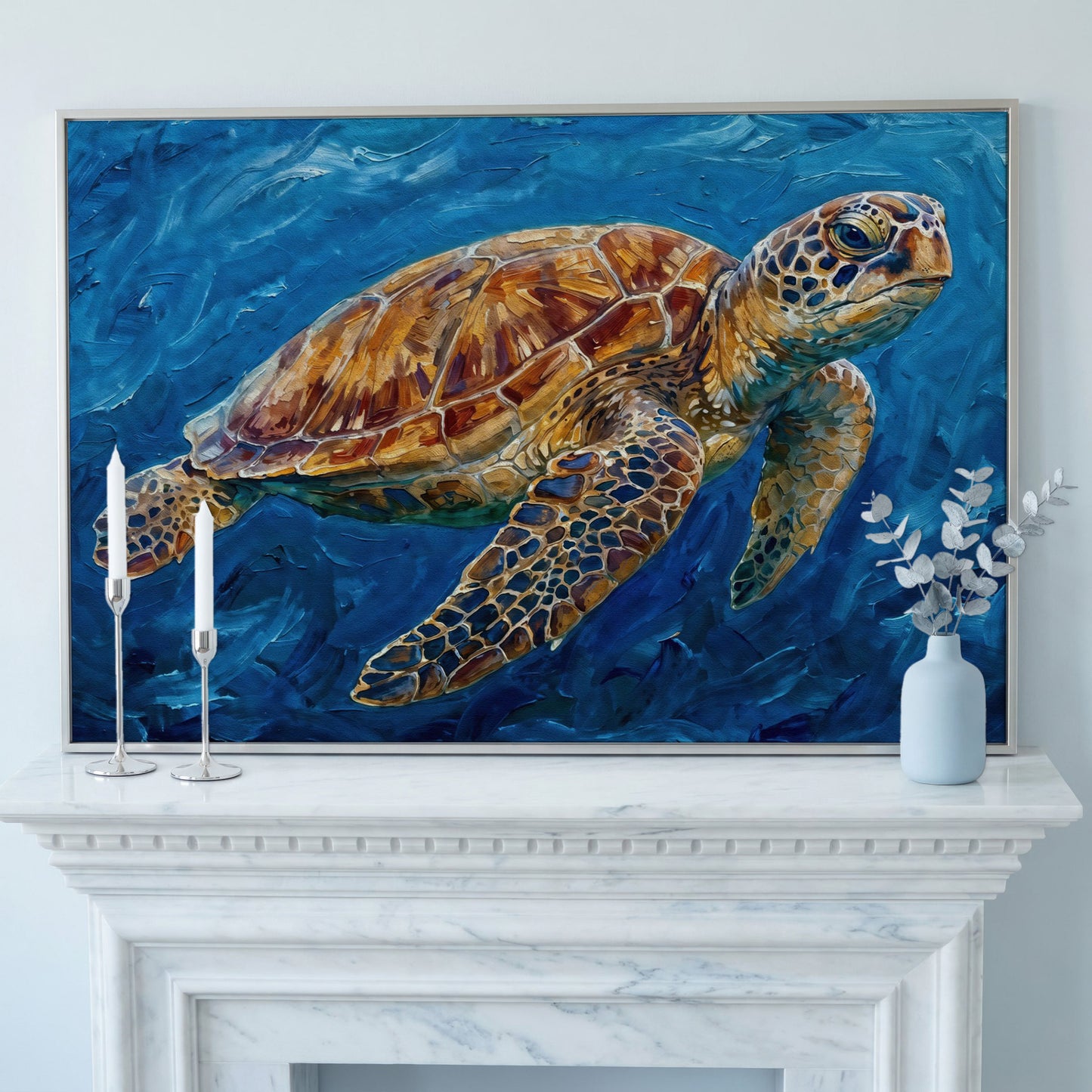 Sea Turtle Canvas Wall Art, Landscape, up to 94 Inches Wide in silver floating frame