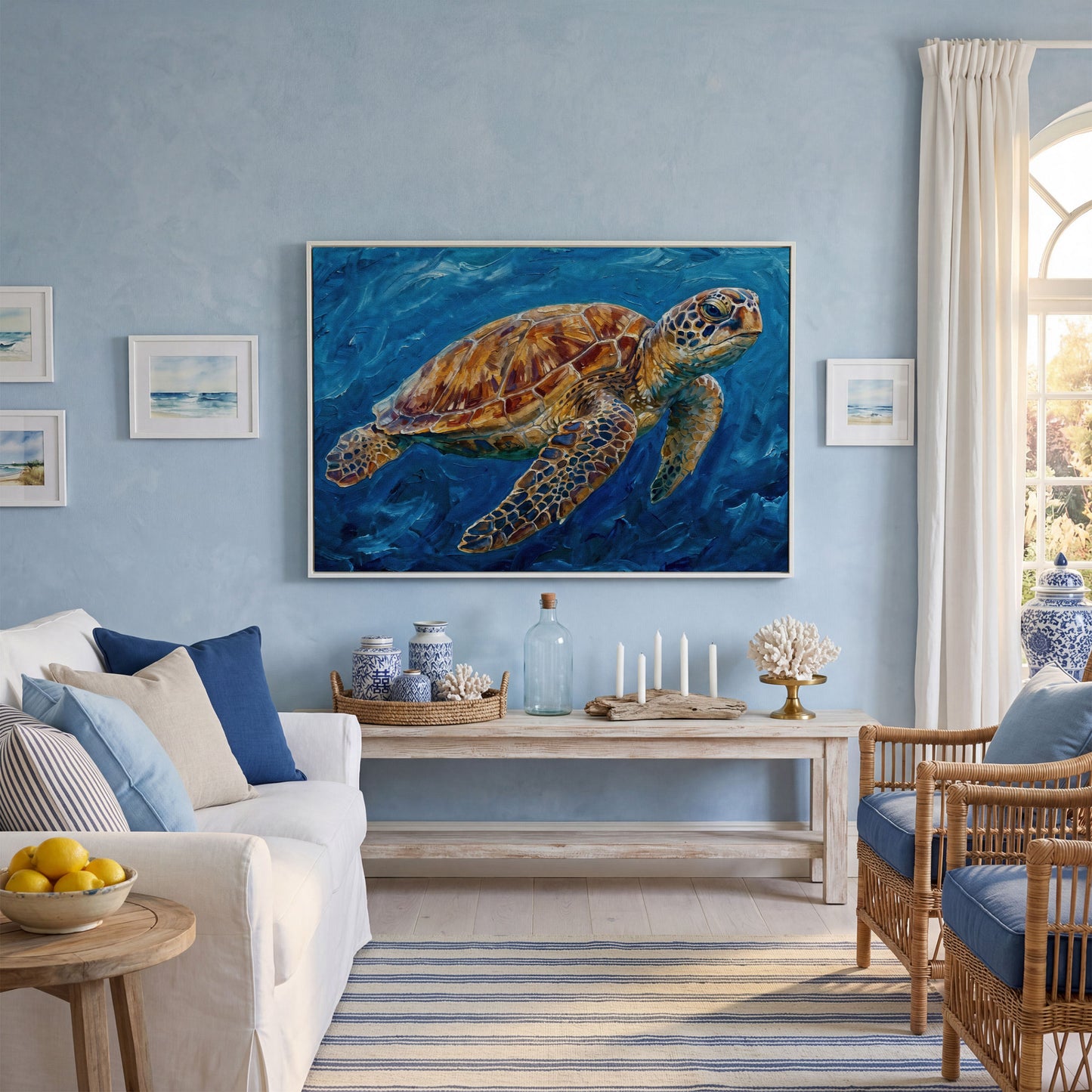 Sea Turtle Canvas Wall Art, Landscape, up to 94 Inches Wide in white floating frame