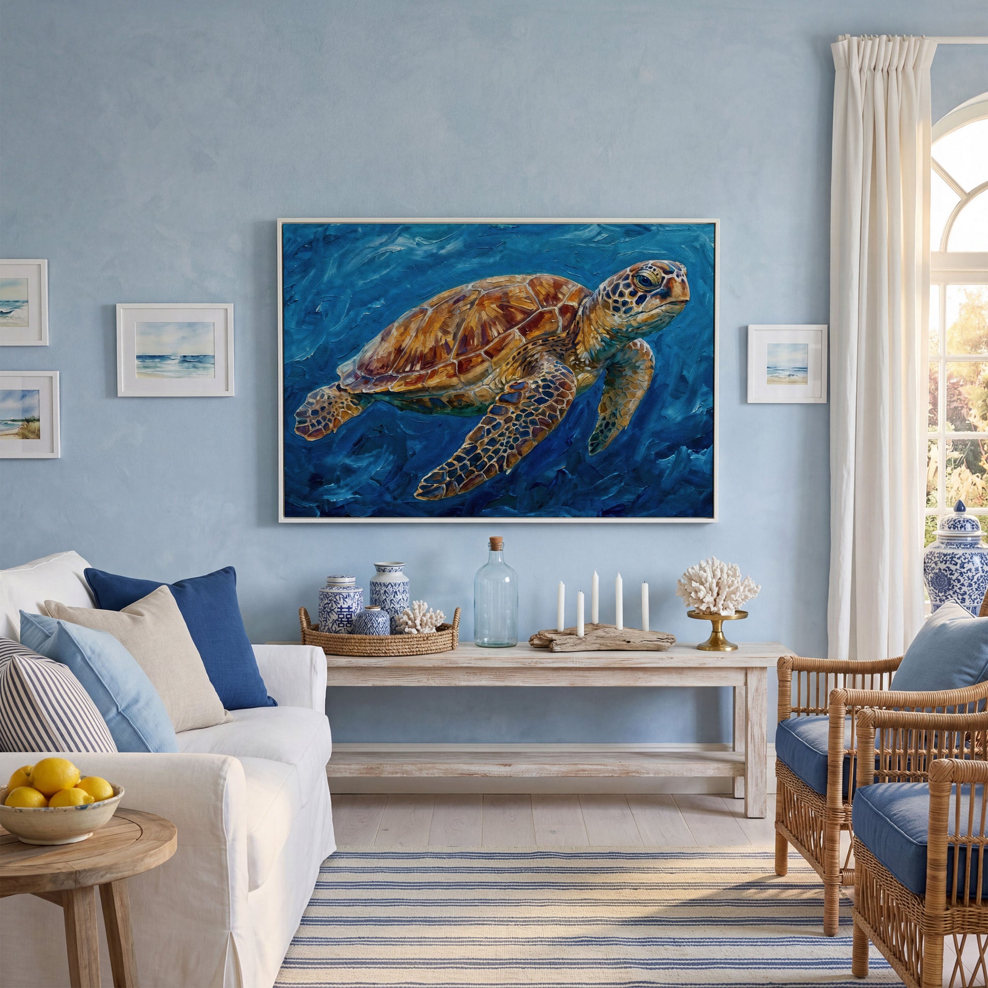 Sea Turtle Canvas Wall Art, Landscape, up to 94 Inches Wide in white floating frame