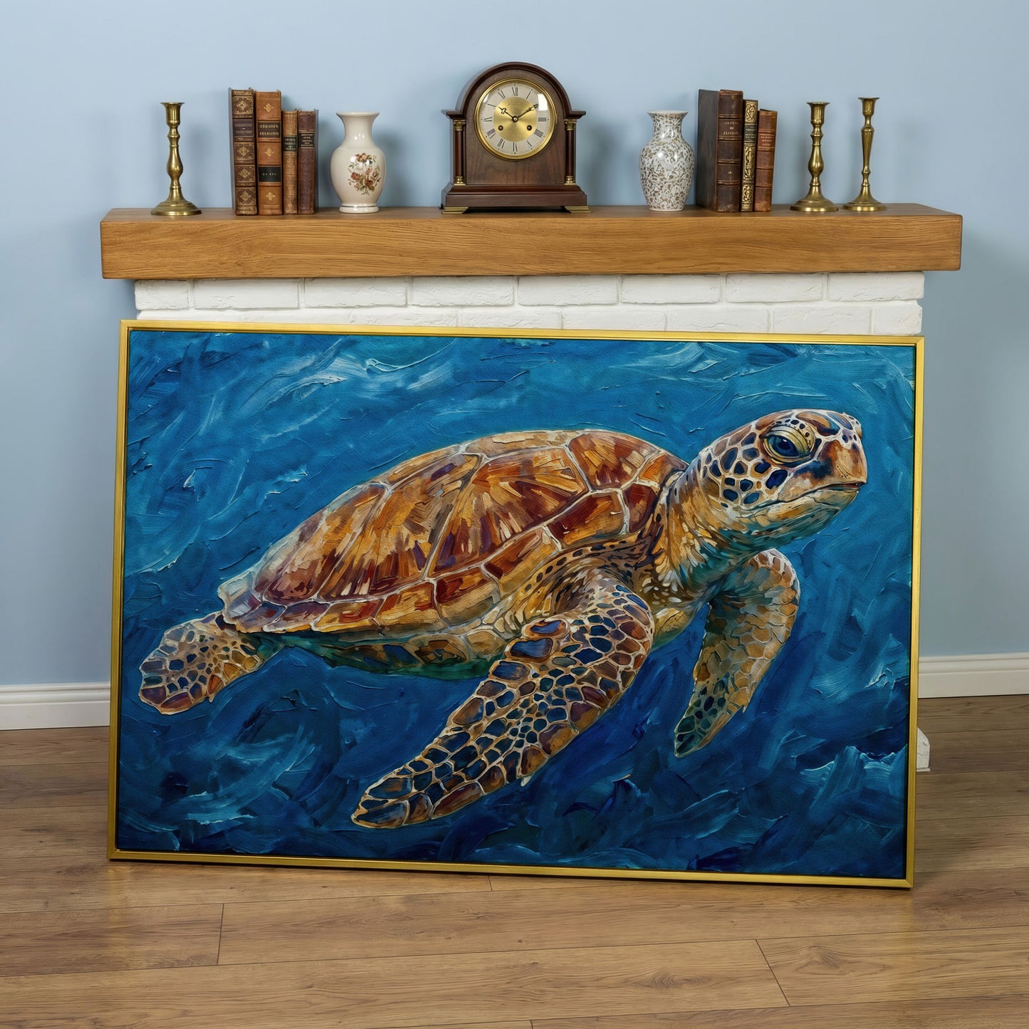 Sea Turtle Canvas Wall Art, Landscape, up to 94 Inches Wide in yellow gold floating frame
