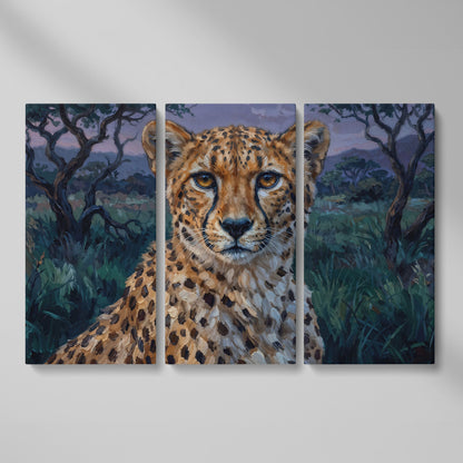 Cheetah Portrait at Dusk, African Savanna Canvas Wall Art as 3-panel split version