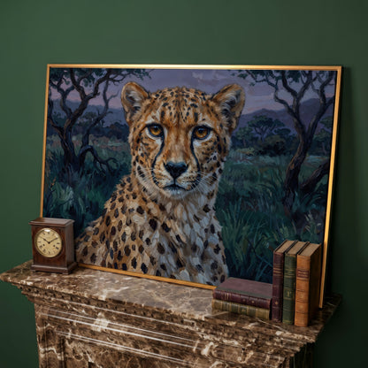 Cheetah Portrait at Dusk, African Savanna Canvas Wall Art in antique gold floating frame