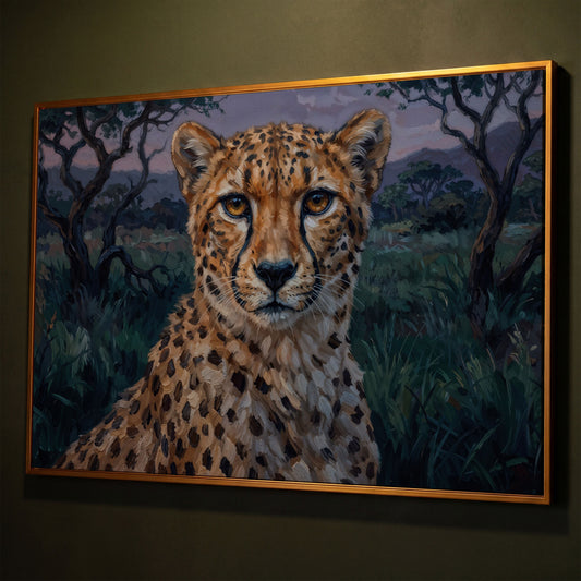 Cheetah Portrait at Dusk, African Savanna Canvas Wall Art shown in antique gold floating frame