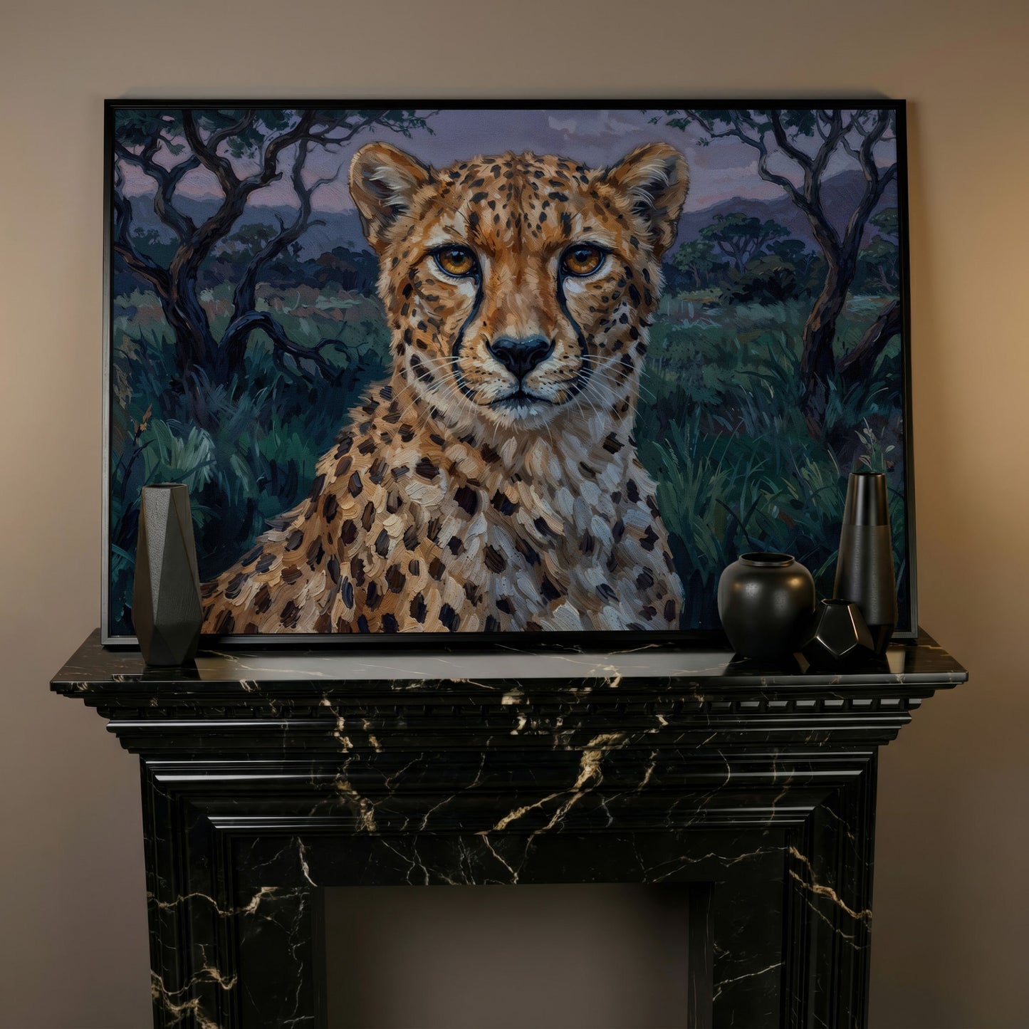 Cheetah Portrait at Dusk, African Savanna Canvas Wall Art in black floating frame