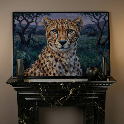 Cheetah Portrait at Dusk, African Savanna Canvas Wall Art in black floating frame